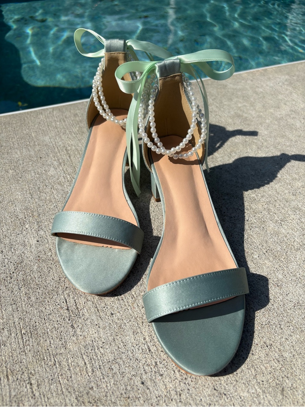 Azazie Green Pearl-Ankle Tie Heels